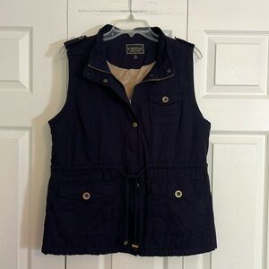C’esttoi Size Large Fur Lined Womens Navy Vest with Zip and Snap Closure. J1